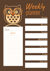 Template for planning tasks for the week with an owl for A4 sheet format