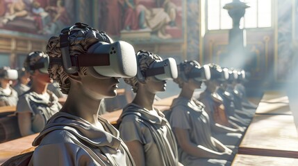 Group of statues wearing virtual reality headsets. Computer reality concept