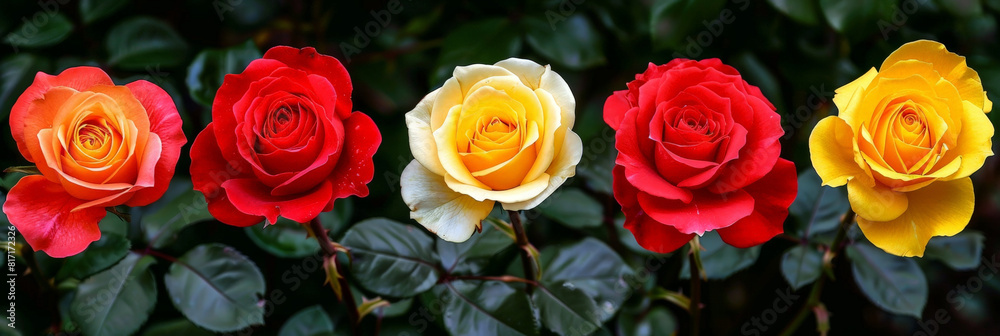 Poster Multiple roses in different colors lined up in a row, showcasing the variety of hues and sizes in a garden setting