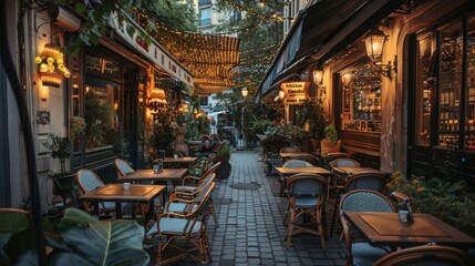 Tables and chairs arranged in a narrow alleyway, creating a cozy outdoor dining space with an urban atmosphere.
