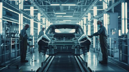 Obraz premium car factory conveyor workers assembling cars