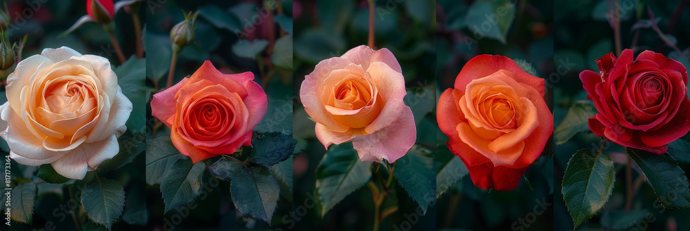 Aufkleber various roses in different colors lining up in a garden setting