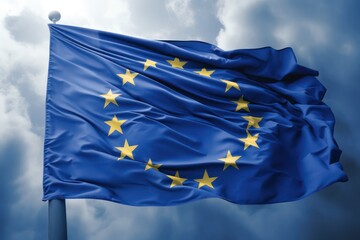 European Union flag background with cloth texture. European Union flag on sky background.
