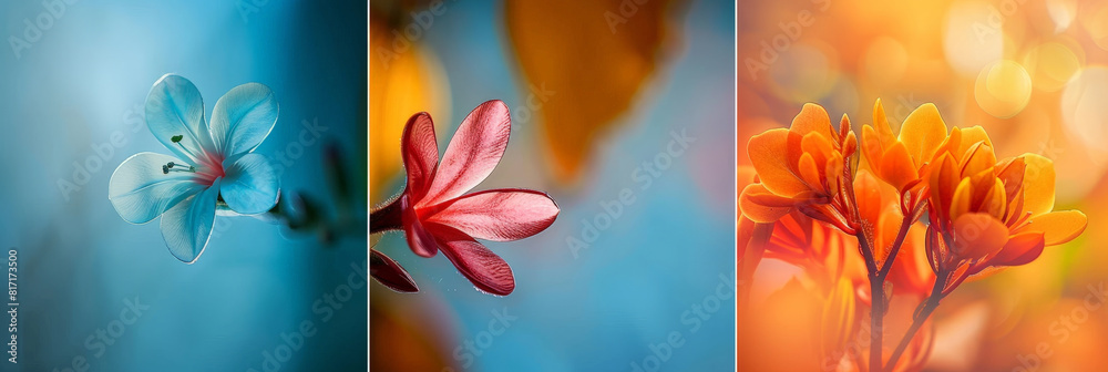Poster three distinct flowers, each showcasing unique colors and shapes, are displayed against a vibrant bl