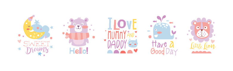 Fototapeta premium Kids Print in Simple Style with Inscription Vector Set