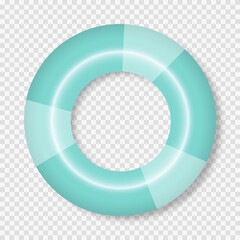 A green swimming lifebuoy on a transparent background. Colorful inflatable rubber circle. A swimming circle with a top view for the ocean, sea, pool. Vector EPS 10.