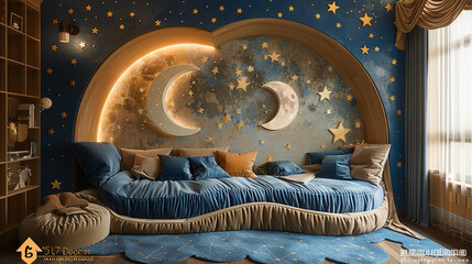 A celestial-themed bedroom with a constellation mural, starry lighting, and moon-shaped decor 