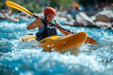 Sportswoman kayaking paddling on river while participating in competition.