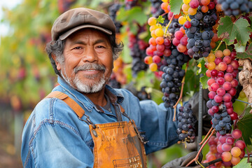 Portrait elderly farmer farmer takes care of grapes growing in vineyard garden.