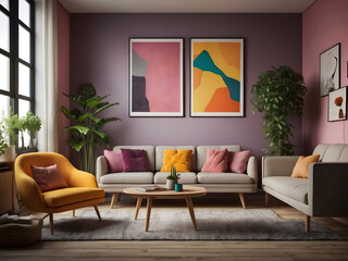 Modern and colorful interior of living room with design boucle sofa, mock-up poster, shelf, plants, decorations, and personal stuff. Home decor design.