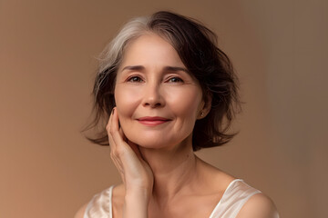 Beautiful retired woman for skincare organic products wearing no makeup and aging naturally 