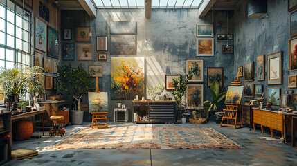 A contemporary art studio with skylights, easels, and a gallery wall  - Powered by Adobe