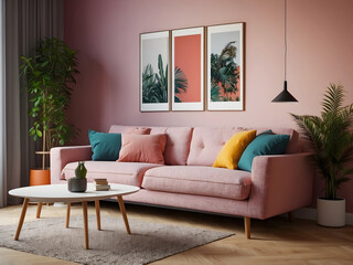 Modern and colorful interior of living room with design boucle sofa, mock-up poster, shelf, plants, decorations, and personal stuff. Home decor design.