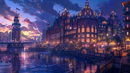 Obraz premium A majestic waterfront cityscape with grand architecture and illuminated bridges at night Fantasy, illustration, rich colors