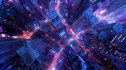 Fototapeta premium Aerial view of a city at night, buildings forming geometric patterns with their lights, serene blue and purple tones, Futuristic, 3D Rendering