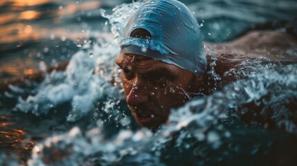 Fototapeta premium white man practicing swimming sport, person is focused and enjoying the sport, sports photography, generative ai