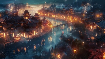 Aerial view of a historical city at night, illuminated by lanterns, Vintage, Warm colors, Sketch