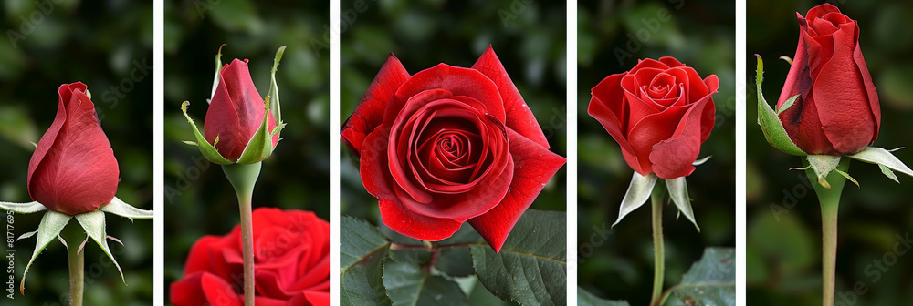 Poster red roses are neatly arranged in a row on a lush green background, creating a striking contrast in colors