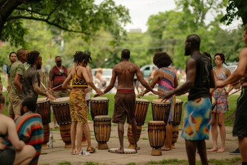 The spontaneous dance circle that forms to the rhythm of African drums at a Juneteenth festival 