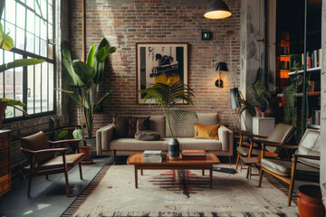 Stylish Urban Living Room Interior with Vintage Furniture and Plants