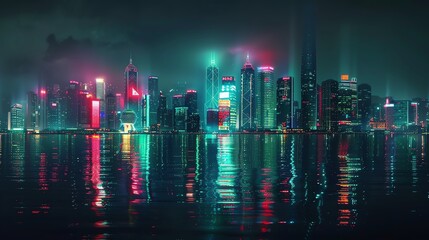 Fototapeta premium City skyline with futuristic architecture, glowing neon lights, dark sky, reflections in the water, photorealistic style, high contrast and vibrant