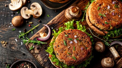 Fototapeta premium Artistic top view of vegetarian burger patties with mushrooms and tofu, showcasing the rich texture and seasoning, vibrant, Overlay, clean isolated backdrop