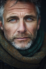 Fototapeta premium A man with gray hair is wearing a scarf around his neck