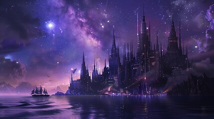 Fototapeta premium Fantasy city skyline with castles and modern skyscrapers by the waterfront, under a starry night sky Fantasy, illustration, deep blues and purples