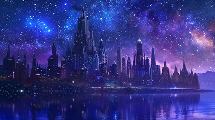 Fototapeta premium Fantasy city skyline with castles and modern skyscrapers by the waterfront, under a starry night sky Fantasy, illustration, deep blues and purples