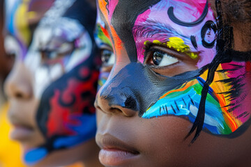 The vibrant face painting of historical figures on children's faces at a Juneteenth fair 