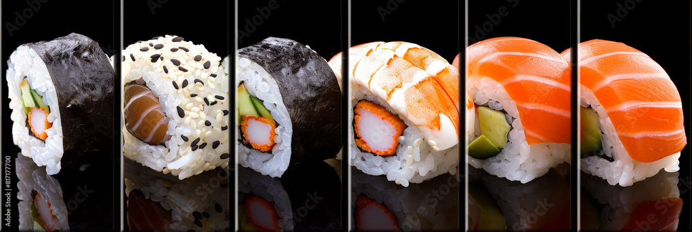 Poster a neatly arranged row of assorted sushi pieces on a black background, showcasing a variety of colors