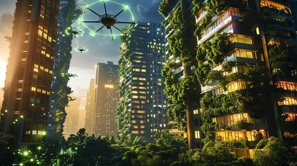 Obraz premium Futuristic downtown area, buildings covered with vertical gardens, night sky filled with drones, glowing streets, 3D render, high detail, ecofriendly theme