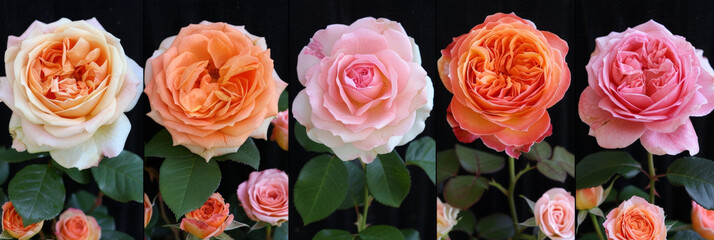A linear arrangement of vibrant pink and orange roses in full bloom, creating a striking visual display