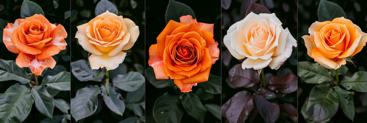 A row of vibrant orange and white roses displayed against a dark black background