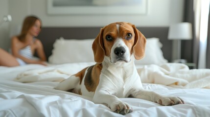 Peaceful Paws: Beagle Resting on White Bed With Distant Woman