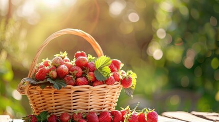 strawberries cultivated in a rustic wicker basket, sitting elegantly on a balcony table, basking in the warm sunlight of a tranquil morning.