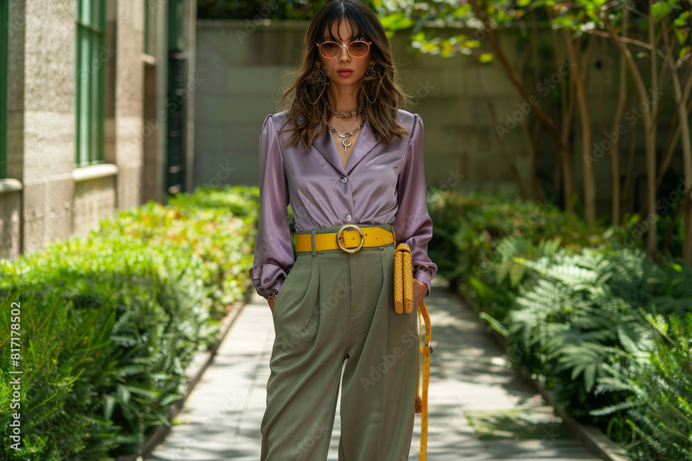 Poster A woman standing while wearing purple pants and a yellow belt