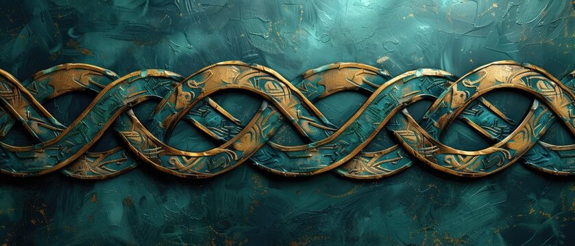 Complex interlocking Celtic knot design in green and gold on a 3D wall texture