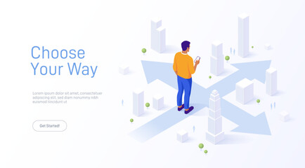 Man pondering choices at a question mark crossroad with multiple arrows. GPS navigation. Concept of decision making. Vector isometric illustration. Business concept.