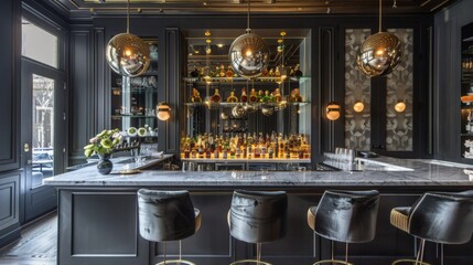 A modern black bar with tall stools arranged around it, illuminated by a hanging chandelier, creating an elegant ambiance.