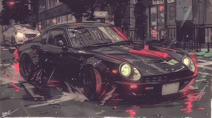 Classic Black Sports Car Cruising Through Rainy City Streets at Night in an anime drawing style, Generative Ai