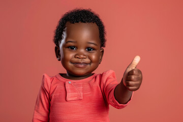 Cheerful african toddler in a red shirt smiling and giving a thumbs up gesture on a warm solid background, expressing positivity