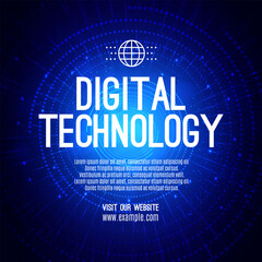 Digital technology social post banner sale template blue background, abstract cyber information communication, innovation future tech data, internet network connection, Ai big data illustration vector