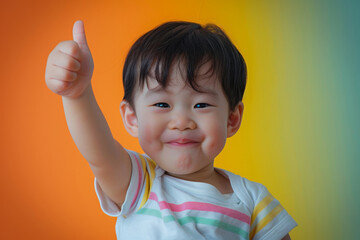 Cheerful asian toddler smiling and giving a thumbs up in front of a colorful gradient background expressing positivity and happiness