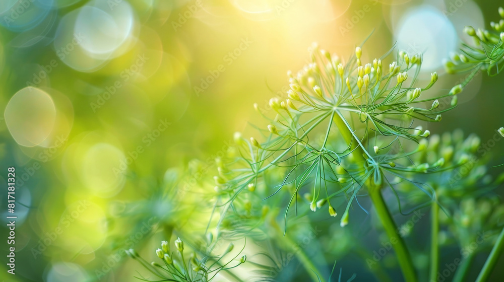 Poster Detailed view of a vibrant green plant with blurred background creating a bokeh effect, showcasing the intricate details of the leaves and textures