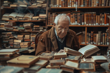 An elderly man sitting in a library, engrossed in a book he is reading