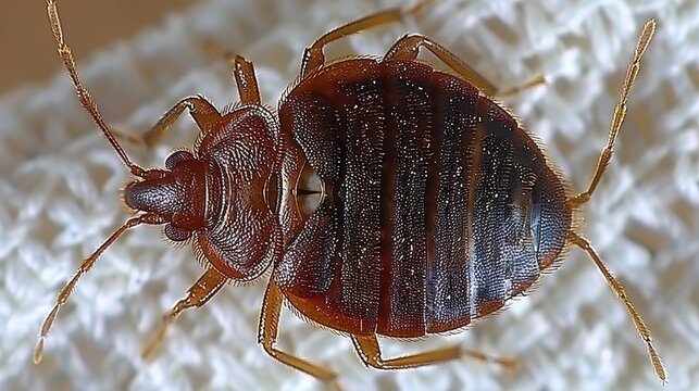 Detailed high quality close up of brown bedbug with shield shaped wings on white sheet