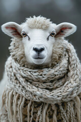 Obraz premium A sheep standing with a scarf tied around its head in a field