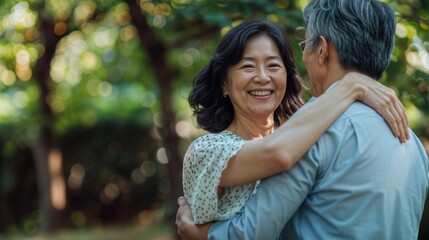 Fototapeta premium An elderly Asian couple dances in a hug in a green park setting