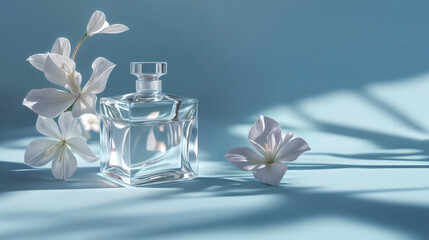 A perfume bottle positioned beside a delicate flower, emphasizing the contrast between the man-made object and the natural beauty of the bloom, blue background.